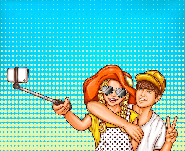 Vector illustration pop art d&#39;une jeune fille et un garçon qui fait des selfies sur un smartphone.