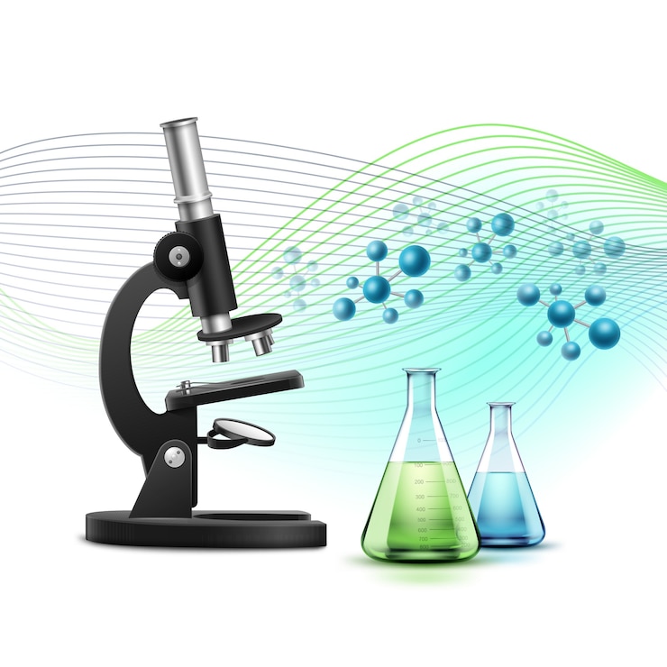 Vecteur gratuit vector microscope optique en métal noir avec des flacons pleins de liquide bleu vert et de composés chimiques isolés sur fond