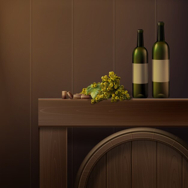 Vector nature morte de bouteilles, raisins et tonneau en bois isolé sur fond coloré