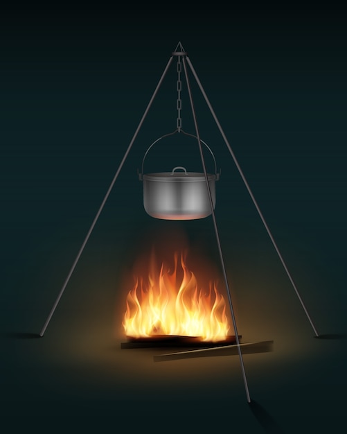 Vector nouveau pot de camping en acier brillant avec couvercle et poignée sur la vue latérale du feu de joie