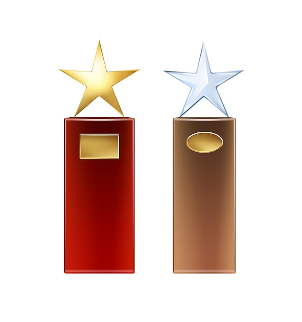 Vector Or, Trophées D'étoiles En Verre Avec Grande Base Rouge, Marron Et Enseignes Dorées Pour Vue De Face Copyspace Isolé Sur Fond Blanc