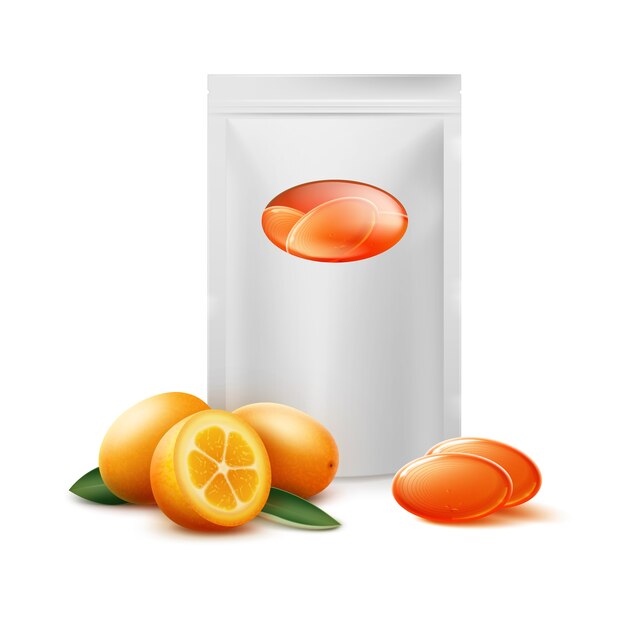 Vector pack vierge de bonbons aux agrumes orange avec fruit kumquat bouchent vue de face isolé sur fond blanc