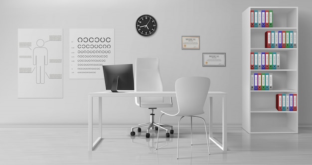 Vector réaliste de l'intérieur du bureau d'un ophtalmologiste