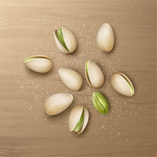 Vecteur gratuit vector réaliste poignée de pistaches entières et concassées avec vue de dessus de sel isolé sur table en bois