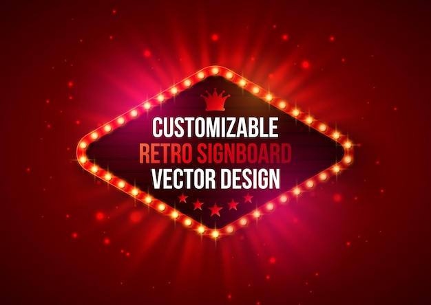 Vecteur gratuit vector retro billboard ou lightbox illustration avec cadre d'ampoule sur fond rouge brillant