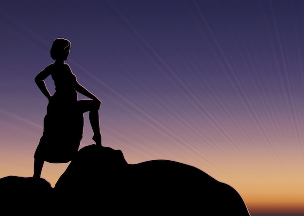 Vecteur gratuit vector silhouette fille sur le coucher du soleil. la fille se tient sur le rock.