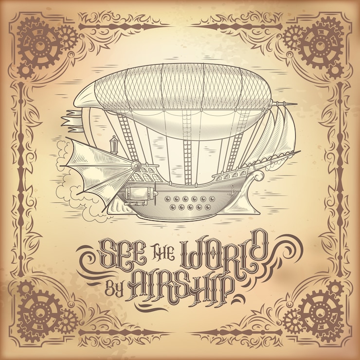 Vecteur gratuit vector steampunk poster, illustration d&#39;un fantastique bateau en bois