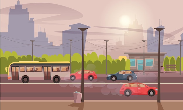 Vecteur gratuit véhicules de pollution de l'air de la ville avec des tuyaux épuisants sur fond de paysage urbain moyens de transport sur route avec problème d'écologie de la fumée concept de catastrophe environnementale