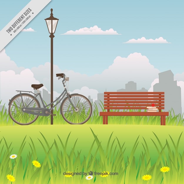 Vecteur gratuit vélo à proximité du banc dans un fond de parc