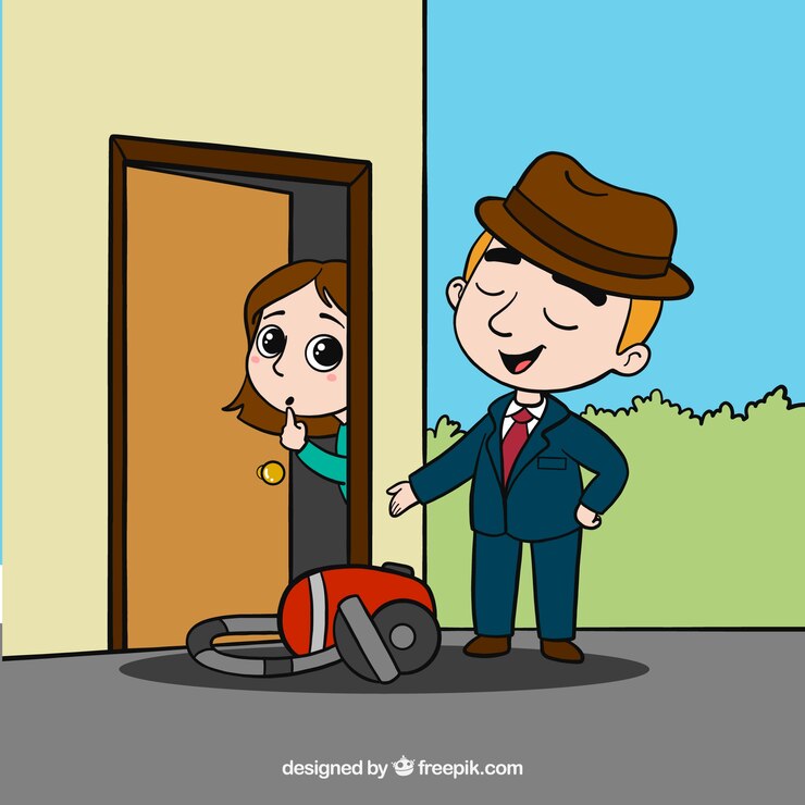 Vecteur gratuit vendeur essayant de vendre des aspirateurs