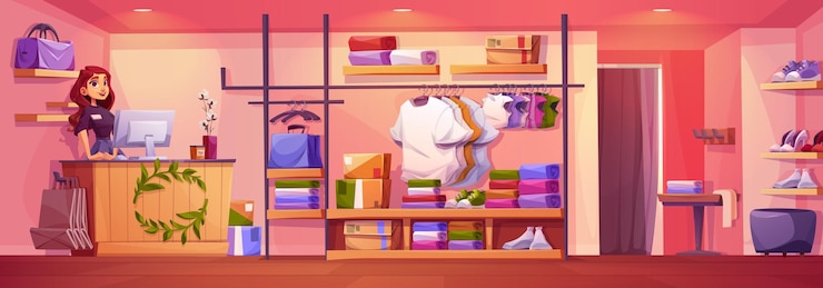 Vecteur gratuit vendeuse à la caisse dans un magasin de mode illustration de dessin animé vectoriel de l'intérieur de la boutique avec sacs à main t-shirts chemises chaussures sur les étagères sacs en papier pour le shopping dressing avec rideau