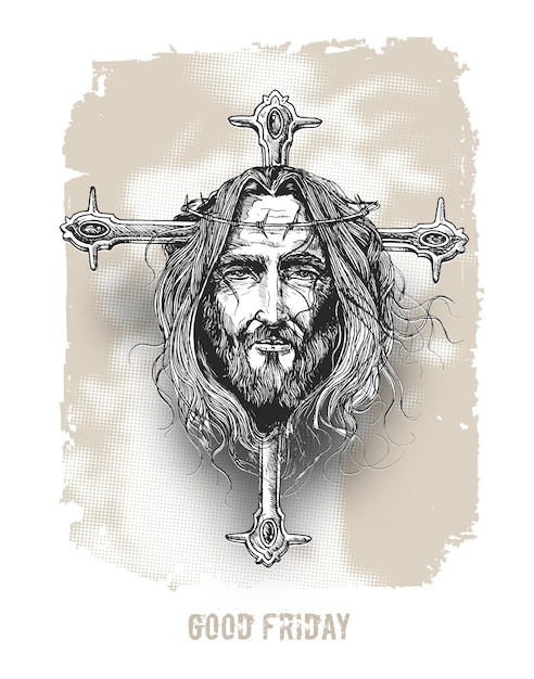 Vecteur gratuit vendredi saint et pâques jésus face sur l'illustration vectorielle de croquis croisés