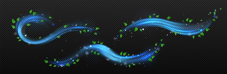 Vecteur gratuit le vent bleu coule des ondes d'air avec des feuilles vertes