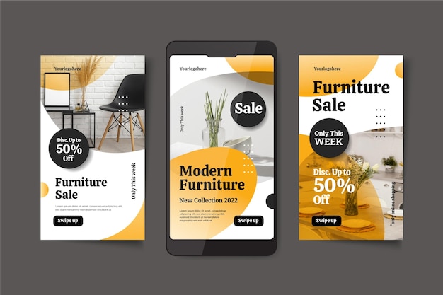Vecteur gratuit vente de meubles dégradés collection instagram story