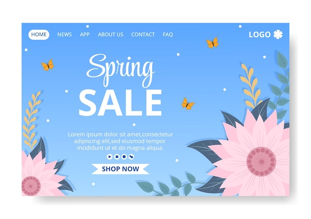 Vente de printemps avec modèle de page d'atterrissage de fleurs en fleurs illustration de conception plate modifiable de fond carré pour les médias sociaux ou la carte de voeux