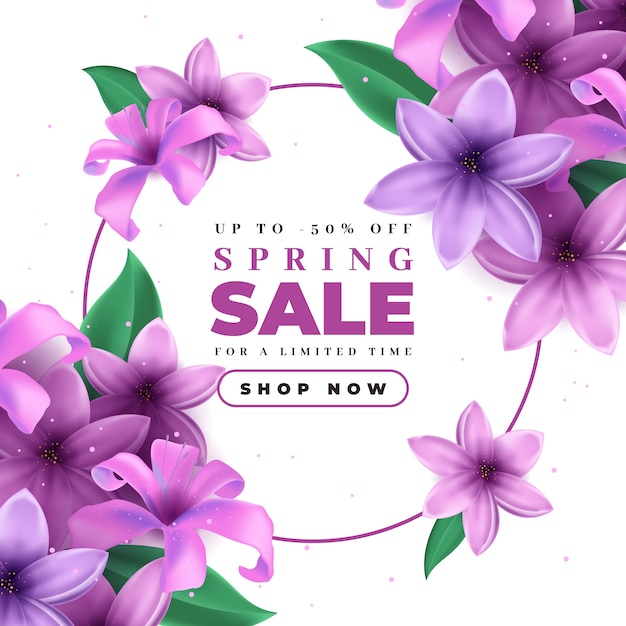 Vecteur gratuit vente de printemps réaliste avec des fleurs violettes en fleurs