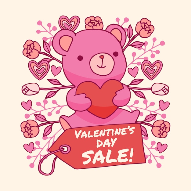 Vecteur gratuit vente de saint valentin dessiné à la main avec ours en peluche