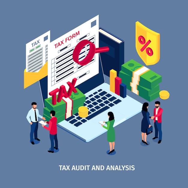 Vecteur gratuit vérification fiscale et analyse fond de couleur avec formulaire d'impôt pour ordinateur portable sous loupe liasses de billets icônes isométriques illustration vectorielle