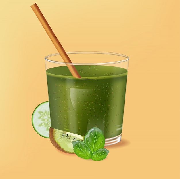 Verre à L'ancienne Avec Paille De Bambou. Smoothie Vert Aux épinards Avec Décoration Kiwi, Concombre Et Citron Vert