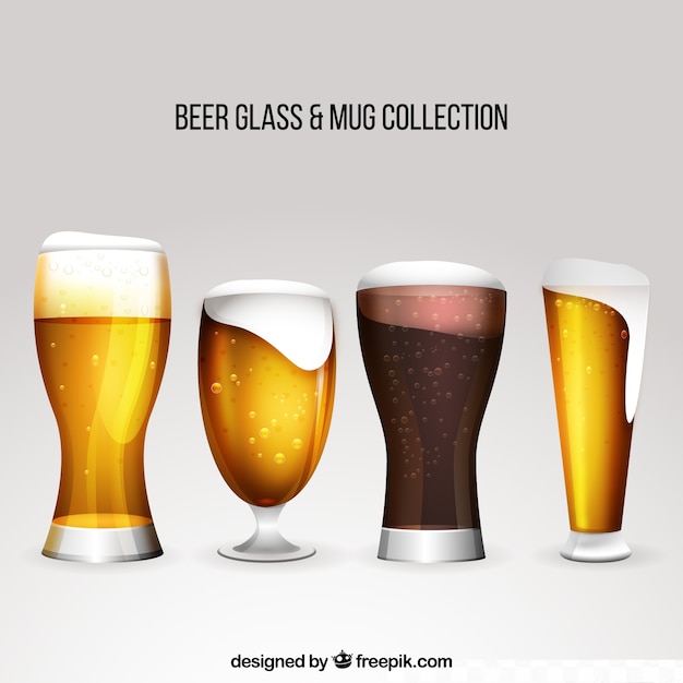 Vecteur gratuit verre à bière réaliste et collection de tasses