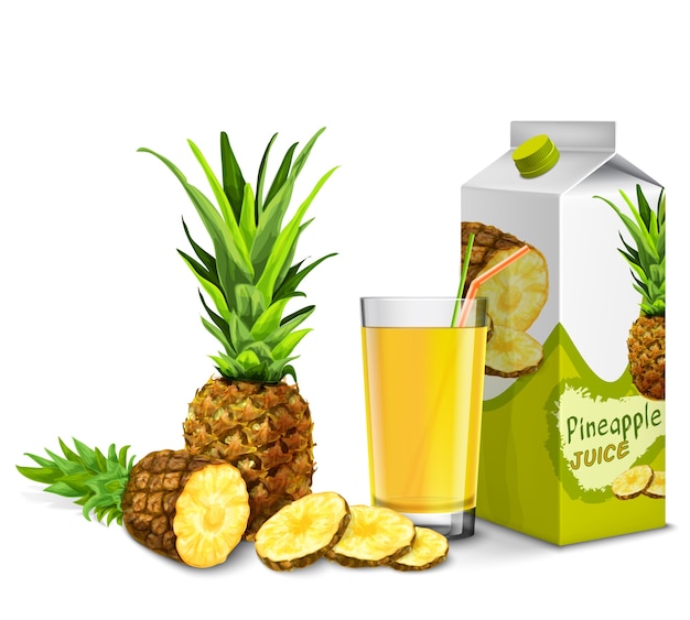 Vecteur gratuit verre de jus d'ananas réaliste avec paille de cocktail et paquet de papier isolé sur fond blanc illustration vectorielle