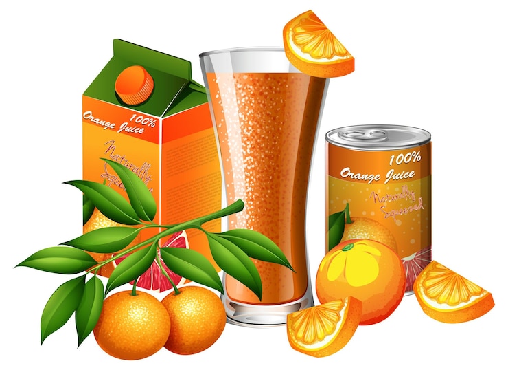 Vecteur gratuit un verre de jus d'orange avec des emballages