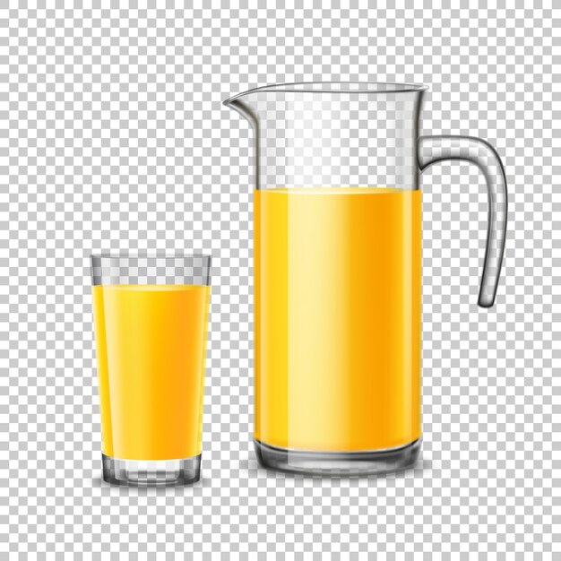 Verre et pichet avec jus d&#39;orange sur fond transparent