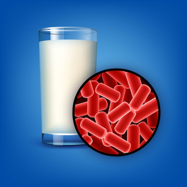 Vecteur gratuit verre de vecteur de lait avec des lactobacilles bouchent vue de face isolée sur fond