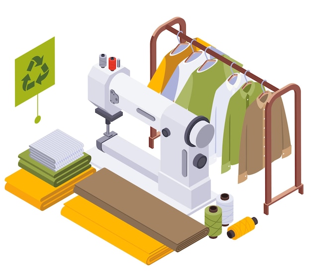Vecteur gratuit vêtements durables mode lente composition isométrique avec rail de vêtement et rouleaux de tissu avec illustration vectorielle de couture de machine à coudre