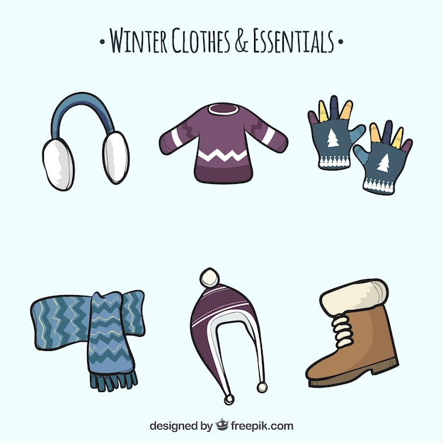 Vêtements d&#39;hiver dessinés à la main et essentiels