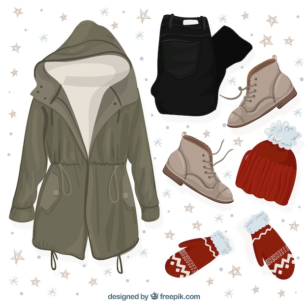Vêtements d&#39;hiver dessinés à la main et essentiels