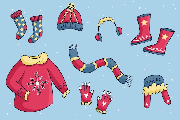 Vêtements D'hiver Et Essentiels Dessinés à La Main