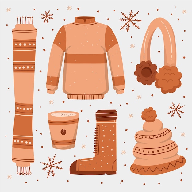 Vecteur gratuit vêtements d'hiver et essentiels dessinés à la main