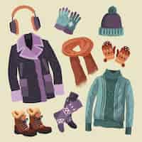 Vecteur gratuit vêtements d'hiver et essentiels dessinés à la main
