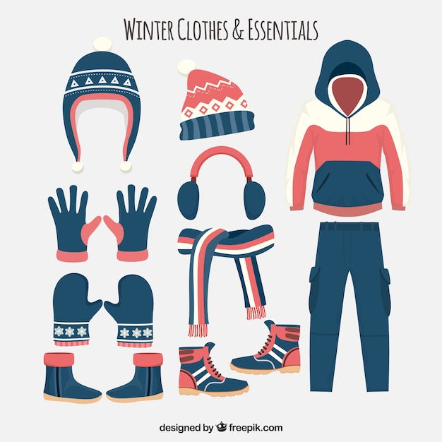 Vecteur gratuit vêtements d'hiver plat rouge et bleu