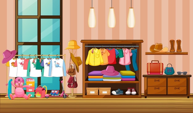 Vêtements pour enfants suspendus dans une armoire avec de nombreux accessoires dans la scène de la pièce