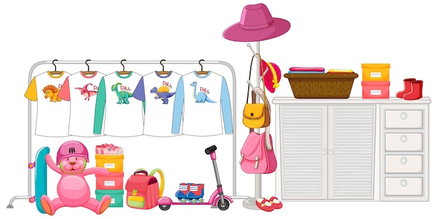 Vêtements pour enfants suspendus sur un portant avec accessoires