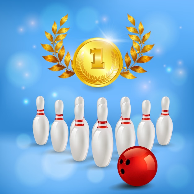 Vecteur gratuit victoire de bowling composition 3d médaille d'or avec épingles de lauriers et boule sur bleu flou