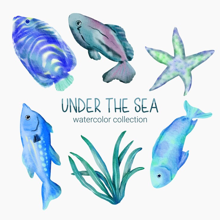 Vecteur gratuit vie marine élément mignon vie animale dans la mer créature animale sous-marine étoile de mer algue et poisson
