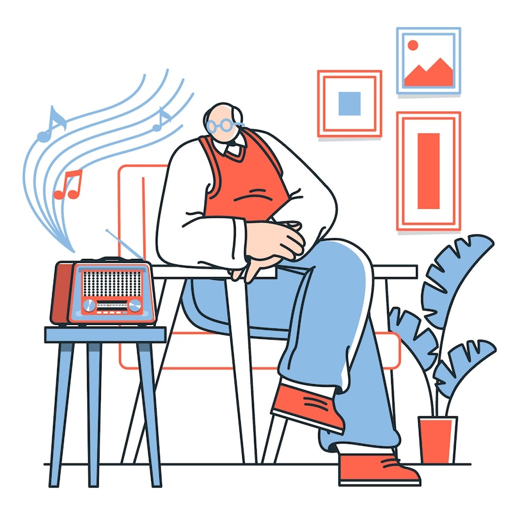 Vecteur gratuit un vieil homme écoutant l'illustration conceptuelle de la radio
