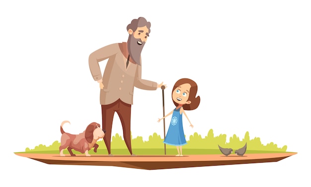 Vieil Homme Senior Personnage Avec Canne Marchant Avec Petite Fille Et Chien En Dehors De L'illustration Vectorielle Affiche Cartoon Rétro