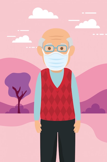 Vecteur gratuit vieil homme utilisant un masque facial pour la pandémie de covid19