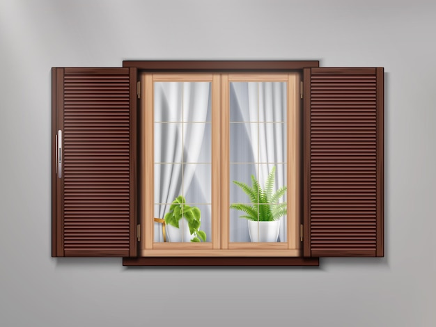 Vieille fenêtre en bois avec de beaux rideaux et des plantes en pot