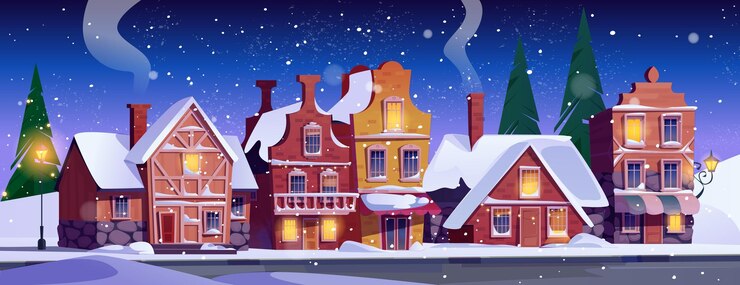 Vecteur gratuit vieille rue de l'europe avec de la neige le soir d'hiver