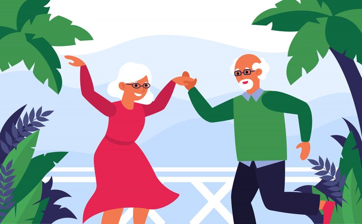 Vecteur gratuit vieux couple, apprécier, vacances, et, danse