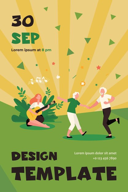 Vieux couple dansant à la fête en plein air. Modèle de Flyer plat jeune femme jouant de la guitare