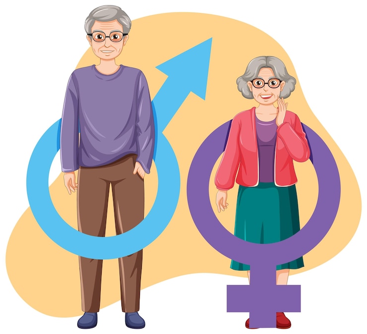 Vecteur gratuit vieux grand-père et grand-mère avec symbole de genre