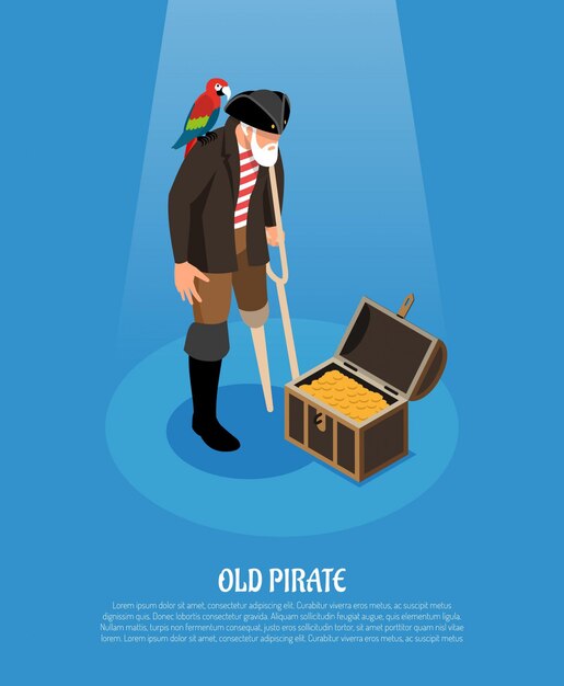 Vieux pirate avec jambe en bois et perroquet près de la composition isométrique du coffre au trésor sur bleu