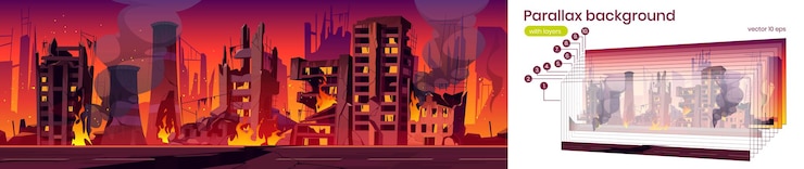 Vecteur gratuit ville d'arrière-plan de parallaxe en feu, destruction de guerre, bâtiments détruits en feu abandonnés avec fumée et flammes. scène de jeu de paysage urbain de dessin animé 2d séparée sur des calques, animation ui d'apocalypse illustration vectorielle