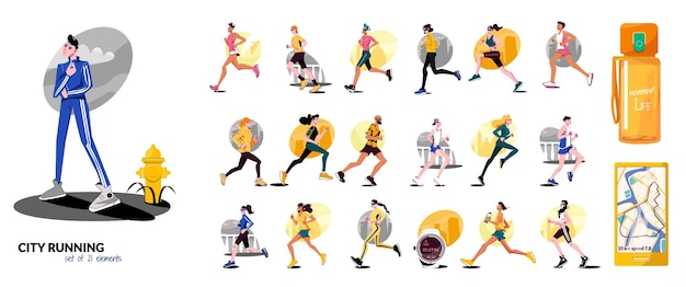 Ville en cours d'exécution plat composition ensemble hommes et femmes courent à différents endroits de la ville et leurs attributs sportifs illustration vectorielle